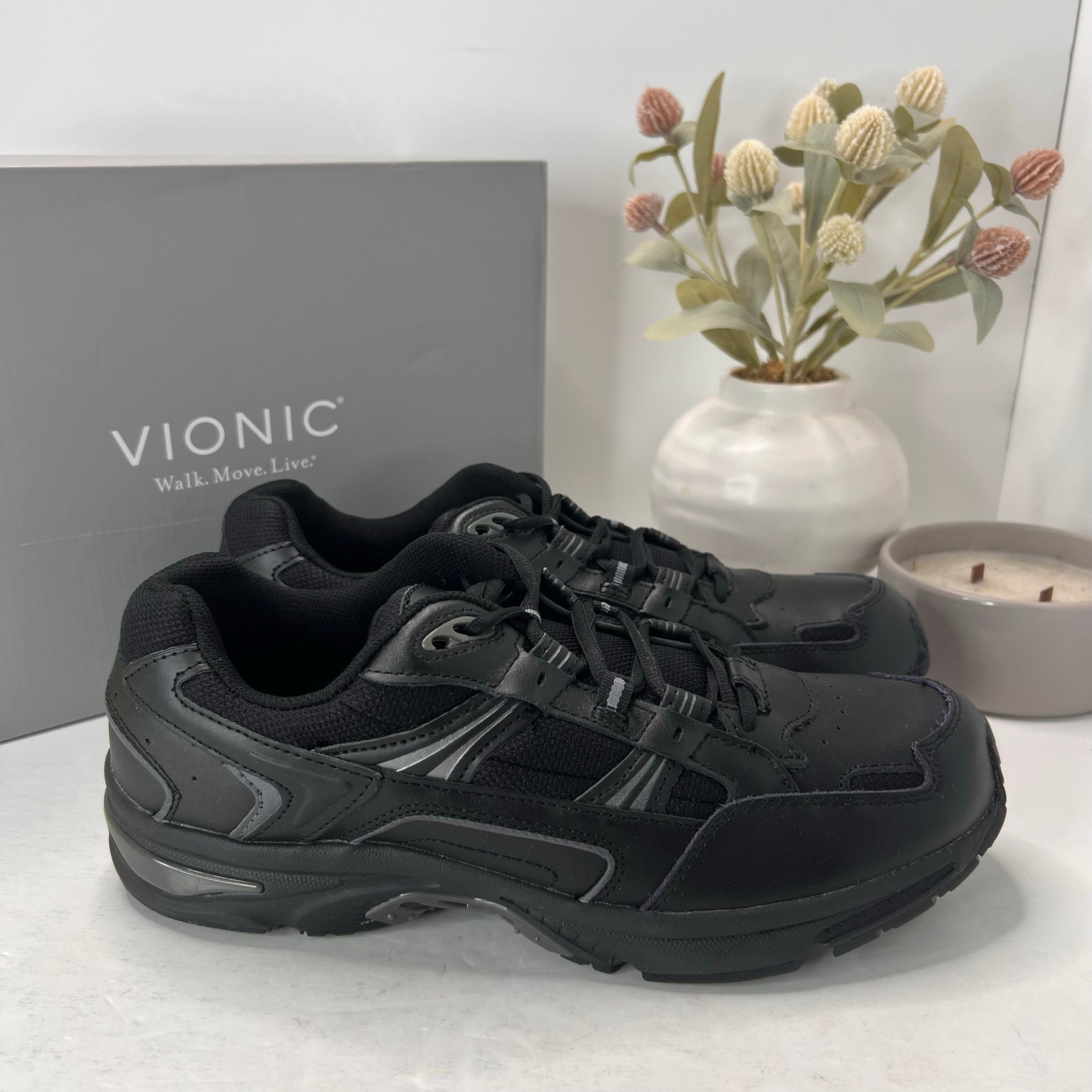 Vionic 23 Walk Leather Walking Sneakers Comfort Shoe Black Men 12m/Eu 45 Nwb